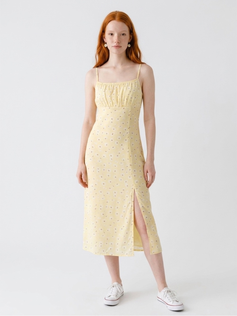 Yellow Floral Midi Slip Dress with Side Slit